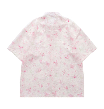 Back view of the Butterfly Jacquard Printed Shirt with pink butterfly pattern and short sleeves.