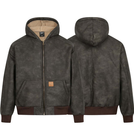 Thick Suede Hooded Jacket – Street Style showing front and back views with washed details and cozy lining.