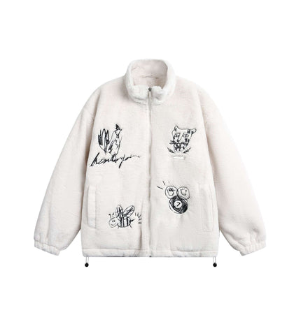 Casual Cartoon Lamb Fleece Jacket featuring a hand-painted cartoon lamb graphic and stand-up collar design.