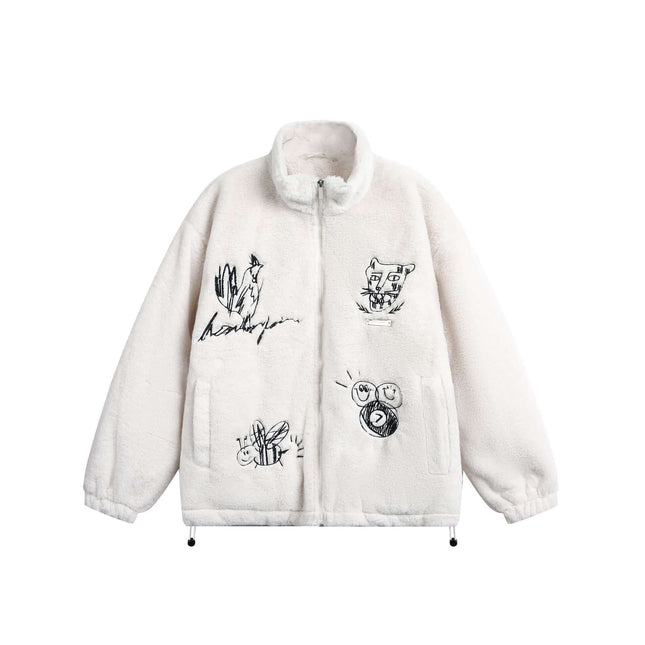 Casual Cartoon Lamb Fleece Jacket featuring a hand-painted cartoon lamb graphic and stand-up collar design.