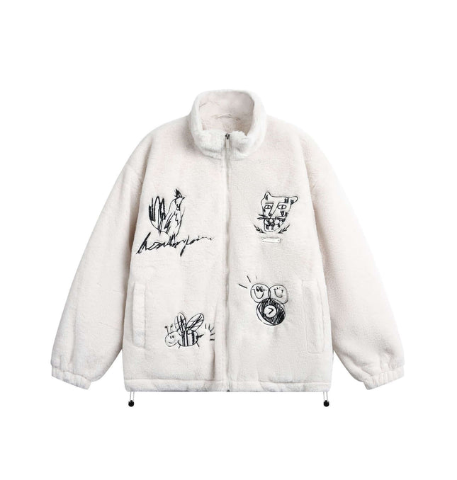 Casual Cartoon Lamb Fleece Jacket featuring a hand-painted cartoon lamb graphic and stand-up collar design.