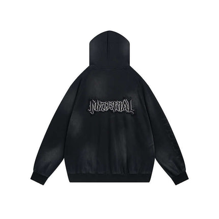 Retro Patchwork Zip Up Hoodie – Loose Fit with embroidered logo on the back, designed for relaxed street style.