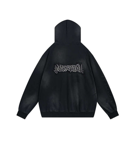 Retro Patchwork Zip Up Hoodie – Loose Fit with embroidered logo on the back, designed for relaxed street style.