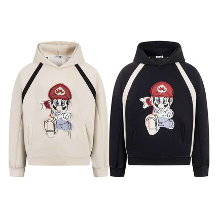 Retro Cartoon Patchwork Hoodie – Loose Fit featuring playful Mario graphics in cream and black options.