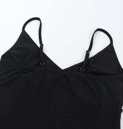 Lace Patchwork VNeck Top – Slim Fit featuring soft fabric and adjustable straps in a sleek black design.