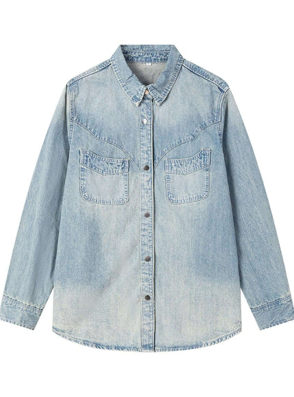 Model wearing Blue cowboy long sleeve shirt by Grozavu