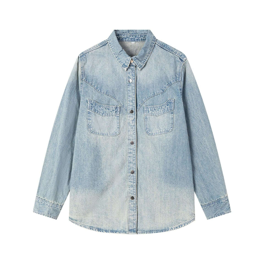 Model wearing Blue cowboy long sleeve shirt by Grozavu