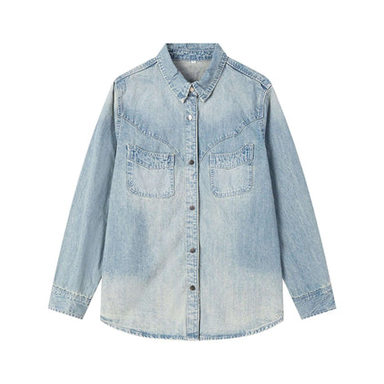 Model wearing Blue cowboy long sleeve shirt by Grozavu