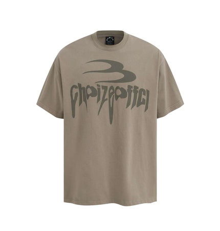Retro Washed Letter TShirt – Loose Fit in khaki with bold graphic print, perfect for streetwear style.