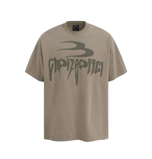 Retro Washed Letter TShirt – Loose Fit in khaki with bold graphic print, perfect for streetwear style.
