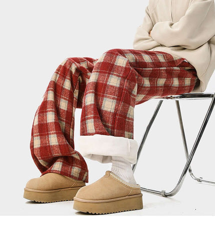 Fleece-Lined Winter Pants - Loose Fit in red plaid pattern, perfect for casual winter wear and comfort.