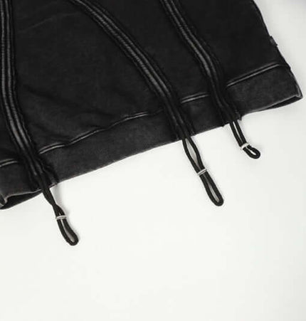 Stripe Patchwork Hoodie – Loose Fit details with drawstring and contrasting stitch lines.