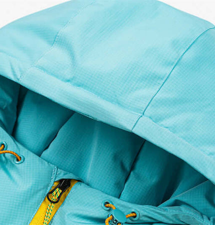 Thick Warm Waterproof Down Jacket hood detail in blue color with adjustable drawstrings for winter comfort.