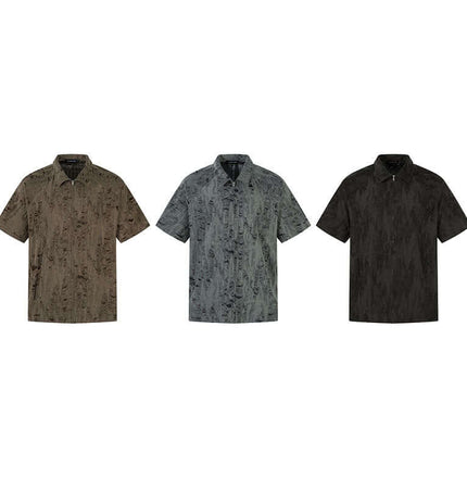 Distressed Short Sleeve Shirt - Loose Fit in three colors: brown, gray, and black. Modern streetwear style for summer.