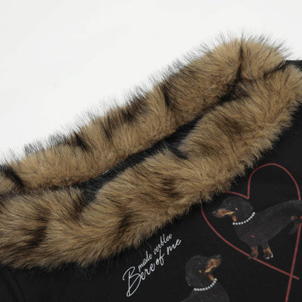 Retro Dachshund Hoodie - Loose Fit with fur collar detail showcasing vintage dachshund graphic.