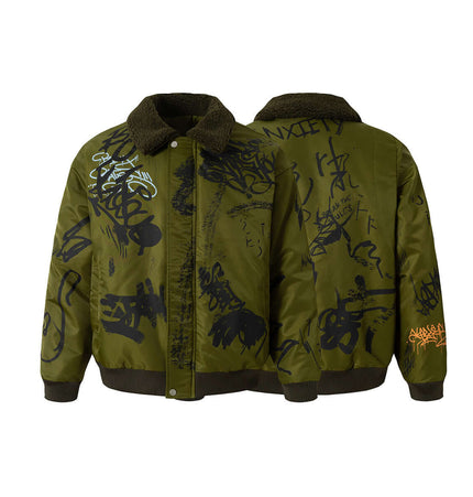 Retro Floral Padded Jacket – Loose Fit featuring a vibrant graffiti print and plush collar for stylish winter warmth.