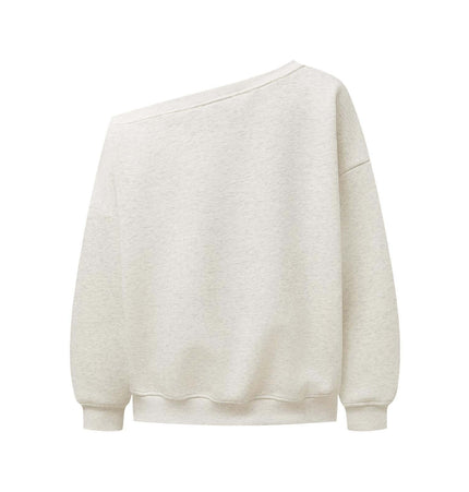 Slanted Shoulder Retro Graffiti Hoodie back view showing relaxed fit and modern slanted neckline.