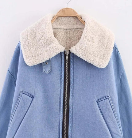 Loose Fit Short Zip Jacket with a soft turn-down collar in light blue color, featuring a full zipper closure.