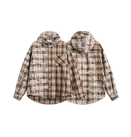 Checkered Hooded Plaid Shirt – Loose Fit showing a stylish plaid pattern with an attached hood.