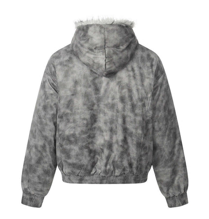 Hooded Fur Collar Jacket – Loose Fit in gray with fur collar and hood, featuring a sleek distressed patchwork design.
