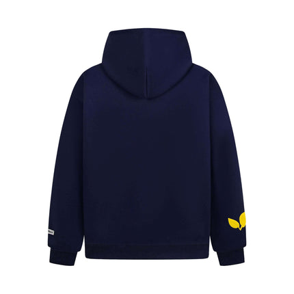 Back view of a navy Cross Embroidered Hoodie – Loose Fit with a hood and yellow detailing.