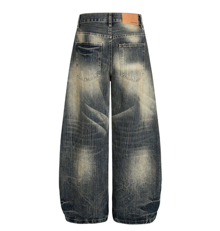 Bamboo Texture Denim Pants - Loose Fit showing back view with loose wide-leg design and vintage washed finish.