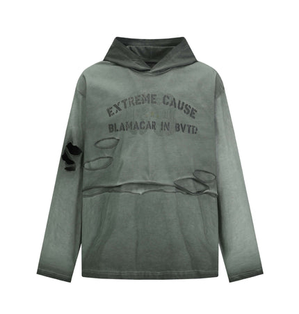 Retro Letter Print Hoodie – Loose Fit in distressed green fabric with letter print details and a relaxed fit.