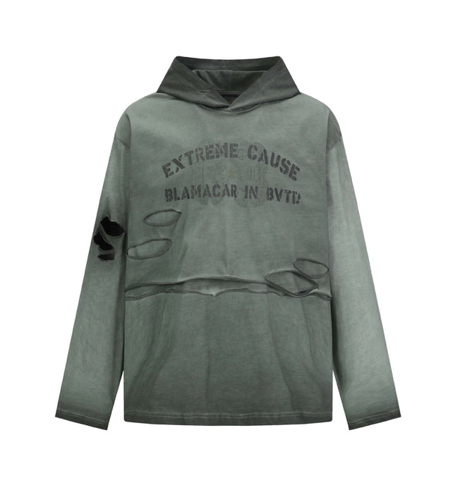 Retro Letter Print Hoodie – Loose Fit in distressed green fabric with letter print details and a relaxed fit.