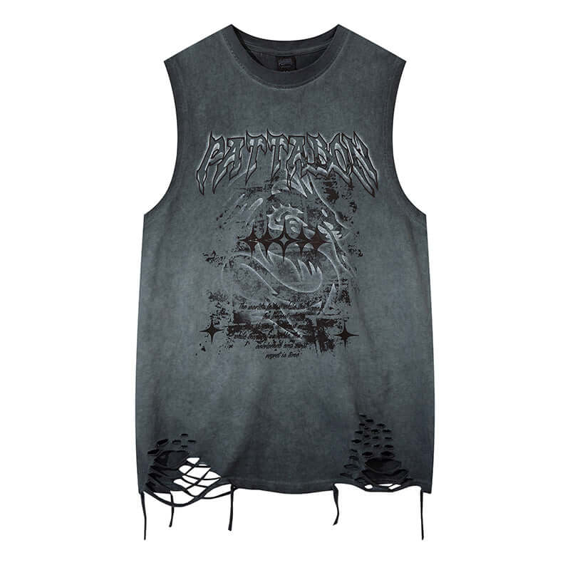 Model wearing Black washed distressed unique sleeveless t-shirt by Grozavu