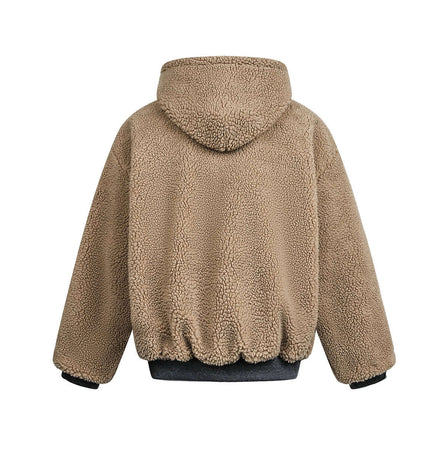 Back view of the Lamb Wool Cotton Double-Sided Jacket showcasing its cozy fleece material and hooded design.