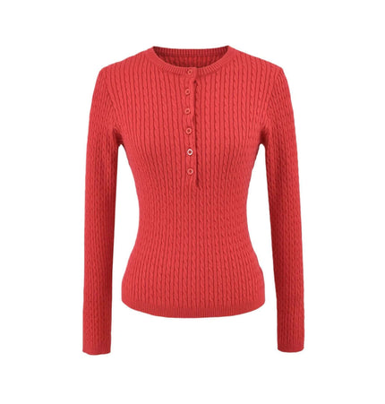 Round Neck Half-Button Knit Sweater in a vibrant coral color with ribbed texture and slim-fit design.