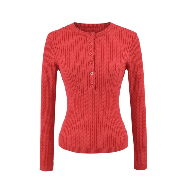 Round Neck Half-Button Knit Sweater in a vibrant coral color with ribbed texture and slim-fit design.