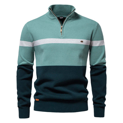 Stand Collar Half-Zip Knit Sweater in color-blocked design for modern autumn style and casual comfort.