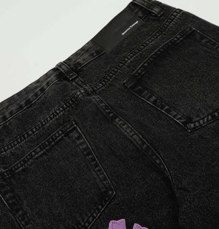 Retro Cross Flared Denim Pants – Slim Fit back view showcasing cross appliqué detailing and clean stitching.