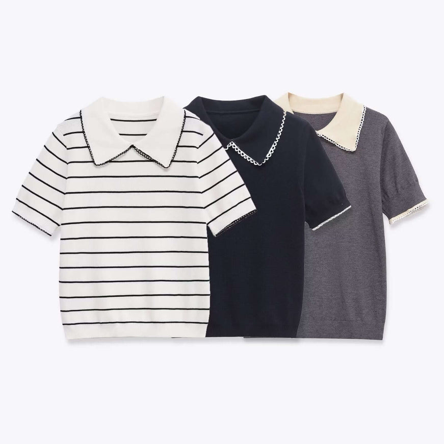 Gray lace patchwork polo knit sweater with Grozavu logo