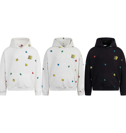 Casual Fit Plum Blossom Retro Hoodie collection featuring white, grey, and black colors with embroidered designs.