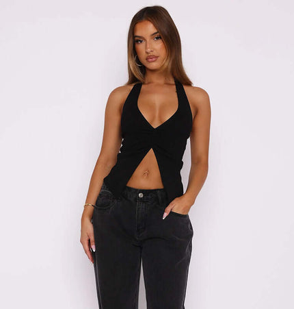 Model wearing the Split Neck Suspender Top – Slim Fit, showcasing a sleek design with a split neckline and suspender straps.