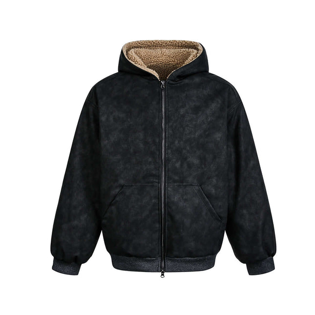 Lamb Wool Cotton Double-Sided Jacket in black with hood and fleece lining, perfect for casual outings.