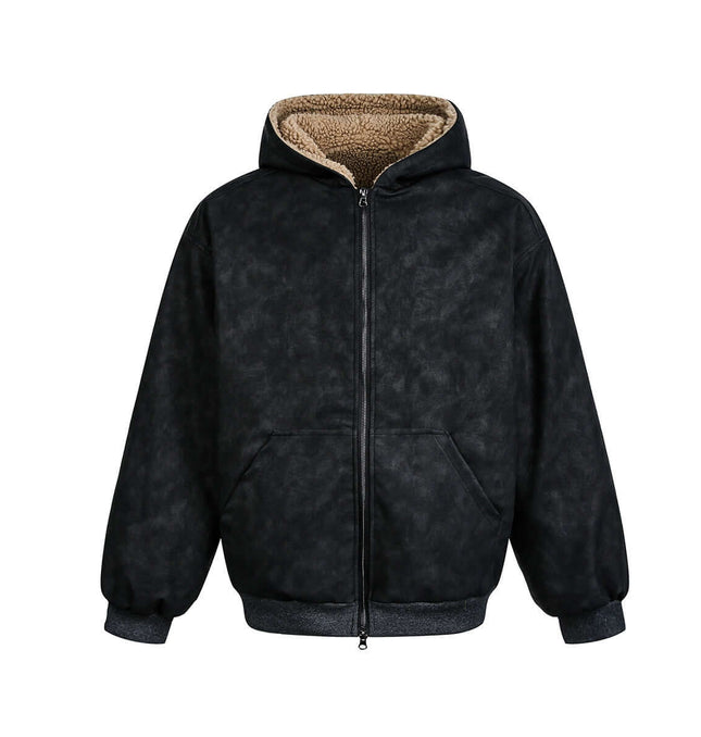 Lamb Wool Cotton Double-Sided Jacket in black with hood and fleece lining, perfect for casual outings.