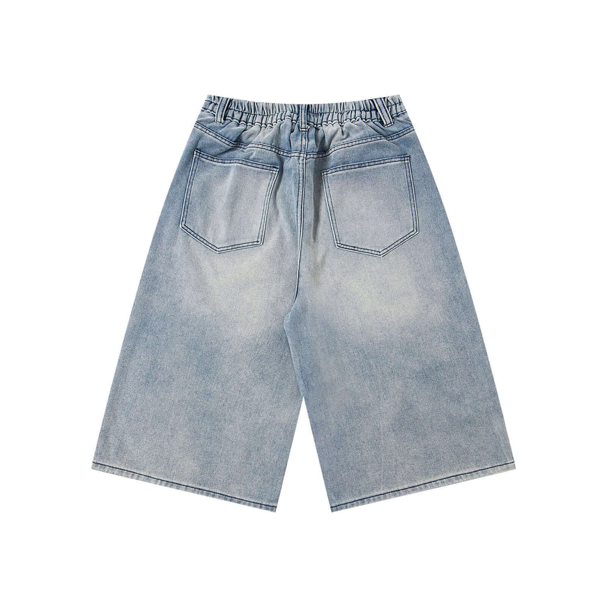 Blue graffiti denim shorts with Grozavu logo