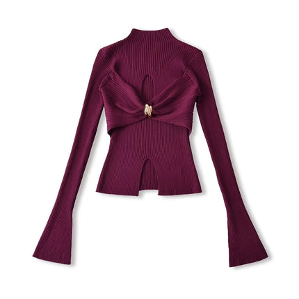 Metal Knot Hollow-Out Flare Sleeve Knit Top in burgundy color showcasing unique back design and flared sleeves.