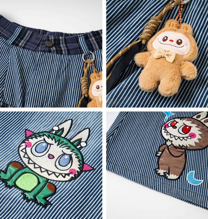Cartoon Washed Denim Pants - Loose Fit with playful cartoon embroidery and striped denim finish