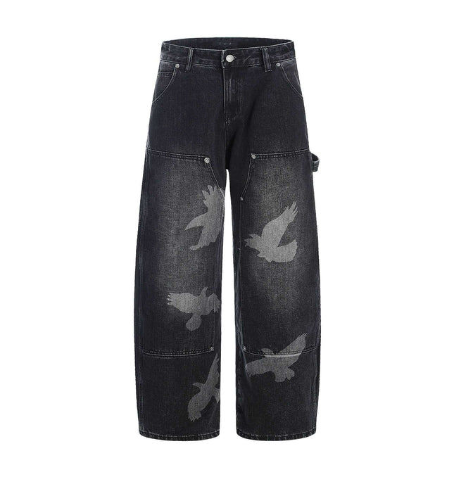 Pigeon Print Wide Leg Jeans – Loose Fit with unique pigeon graphic design on black denim.