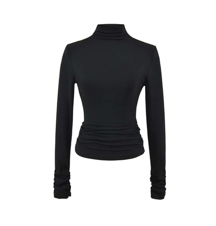 SculptFit High-Neck Long Sleeve Top in sleek black with ruched details for a flattering fit.