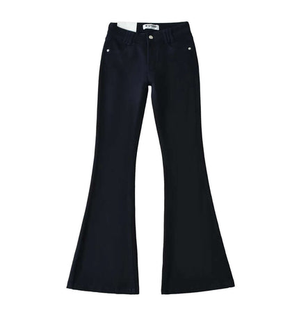 Retro Low Waist Flared Denim Pants in dark wash with flared legs and button closure for a stylish vintage look.
