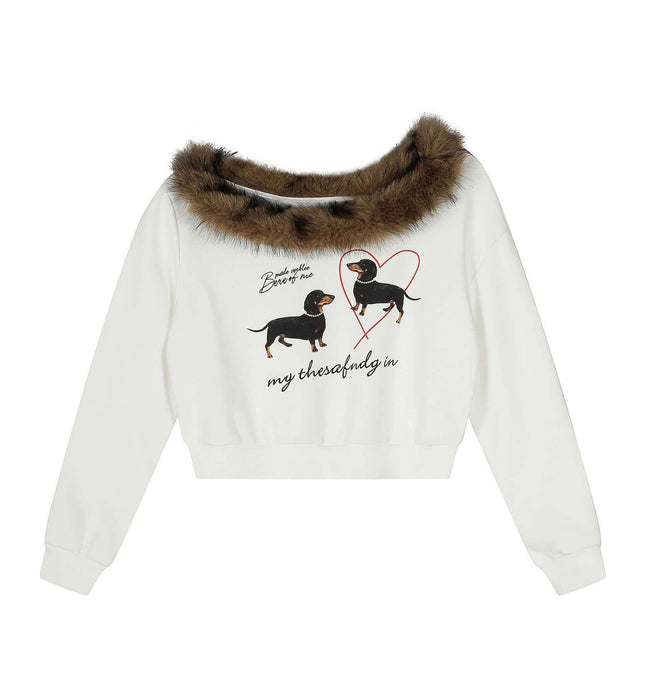 Retro Dachshund Hoodie - Loose Fit with playful graphic and fur accent for cozy streetwear style.