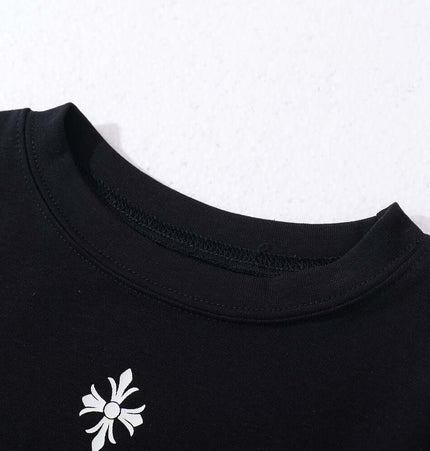 Close-up of the collar and cross print detail on the Long Sleeve Printed TShirt - Slim Fit.