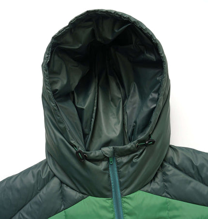Color-Block Down Jacket – Loose Fit with a green hood, showcasing the interior lining and design details.
