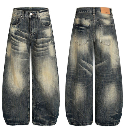Bamboo Texture Denim Pants - Loose Fit showcasing a relaxed vintage silhouette with wide-leg flared cut and unique wash.