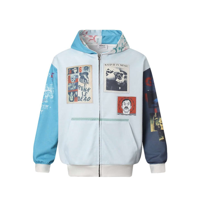 Magazine Printed Zip-Up Hoodie – Loose Fit featuring a magazine-inspired print design and a relaxed silhouette.